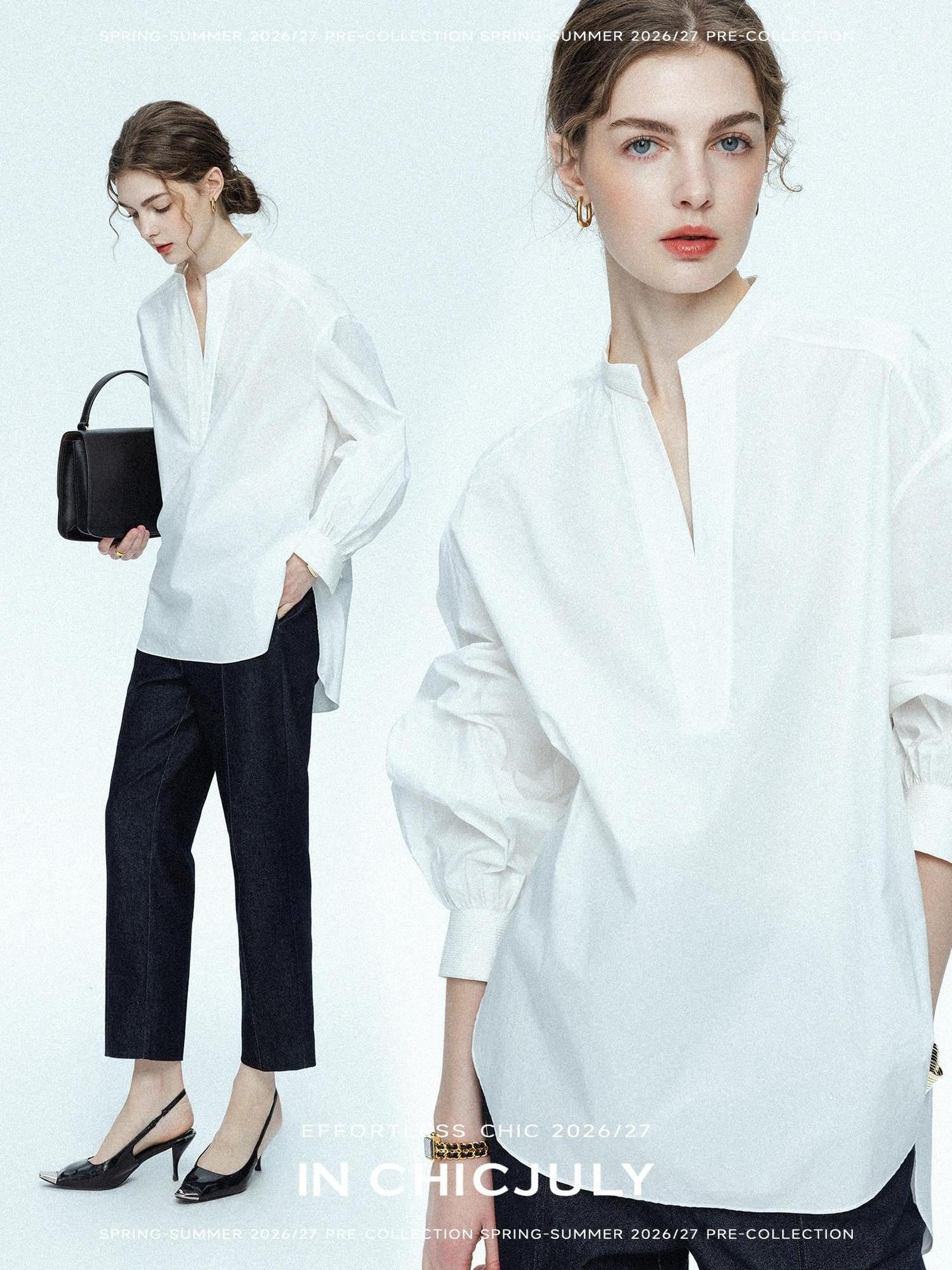 chicjuly Sleek V-neck Minimalist Workwear Women's Pure Cotton Loose Fit Shirts