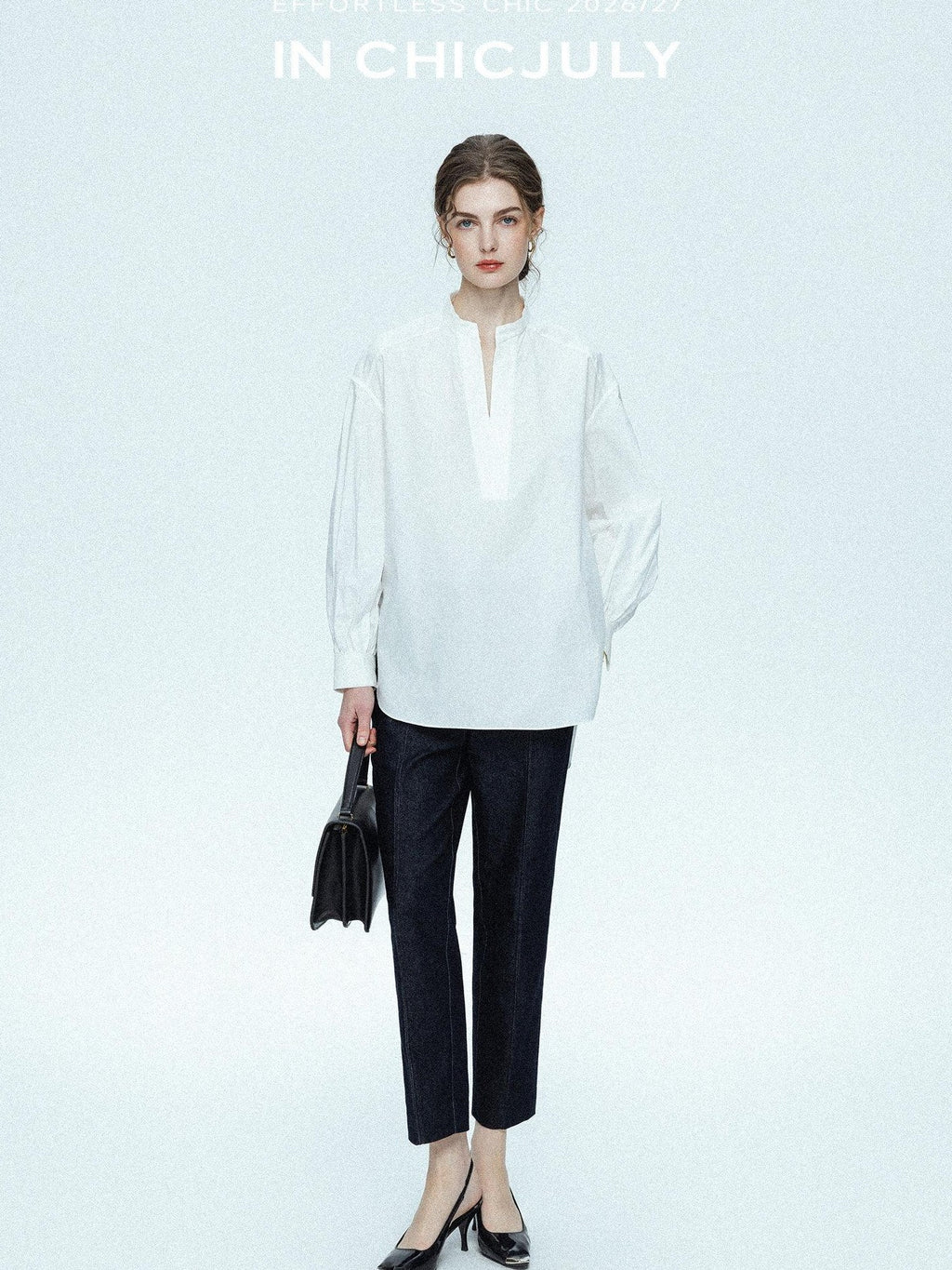 chicjuly Sleek V-neck Minimalist Workwear Women's Pure Cotton Loose Fit Shirts