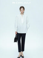 chicjuly Sleek V-neck Minimalist Workwear Women's Pure Cotton Loose Fit Shirts