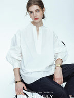 chicjuly Sleek V-neck Minimalist Workwear Women's Pure Cotton Loose Fit Shirts