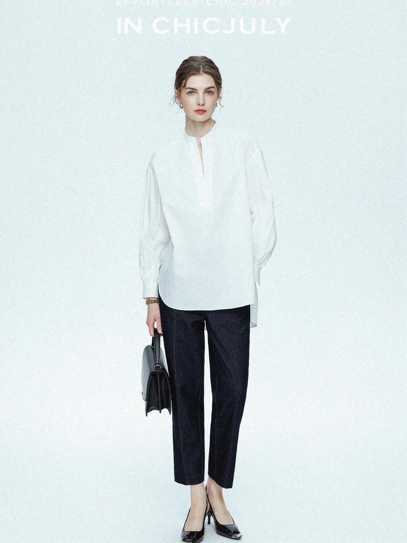 chicjuly Sleek V-neck Minimalist Workwear Women's Pure Cotton Loose Fit Shirts
