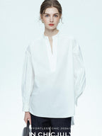 chicjuly Sleek V-neck Minimalist Workwear Women's Pure Cotton Loose Fit Shirts