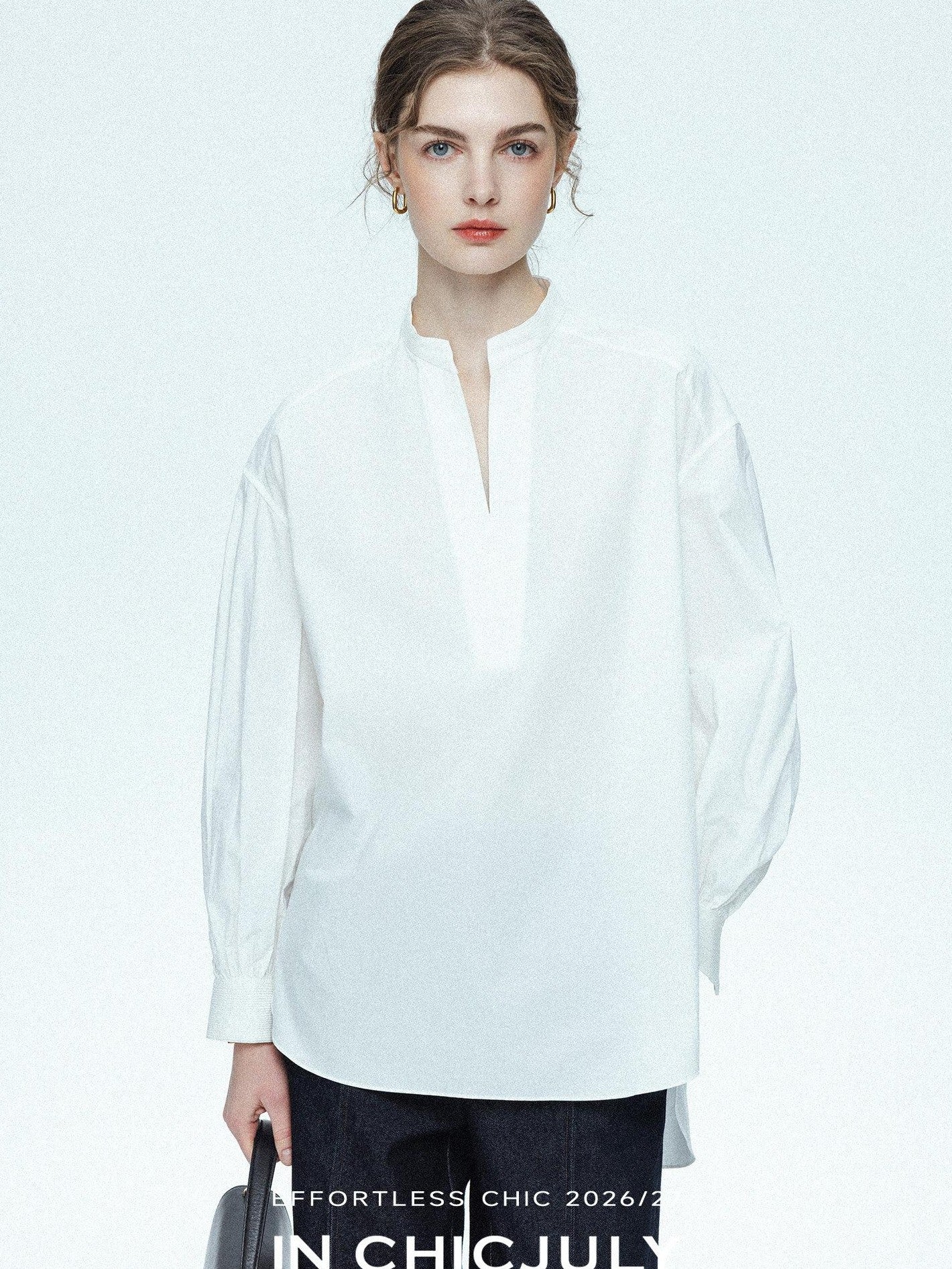 chicjuly Sleek V-neck Minimalist Workwear Women's Pure Cotton Loose Fit Shirts