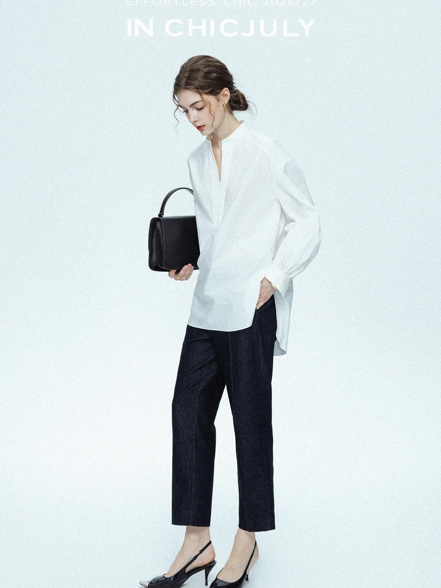 chicjuly Sleek V-neck Minimalist Workwear Women's Pure Cotton Loose Fit Shirts