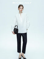 chicjuly Sleek V-neck Minimalist Workwear Women's Pure Cotton Loose Fit Shirts