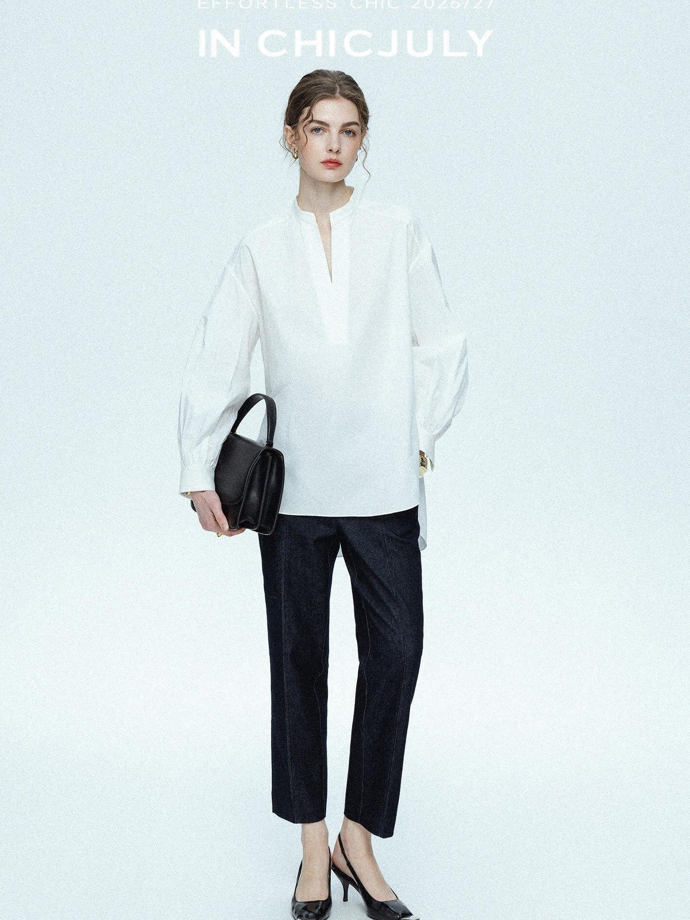 chicjuly Sleek V-neck Minimalist Workwear Women's Pure Cotton Loose Fit Shirts