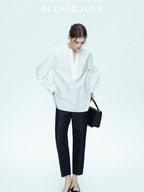 chicjuly Sleek V-neck Minimalist Workwear Women's Pure Cotton Loose Fit Shirts