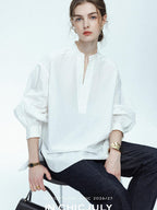chicjuly Sleek V-neck Minimalist Workwear Women's Pure Cotton Loose Fit Shirts