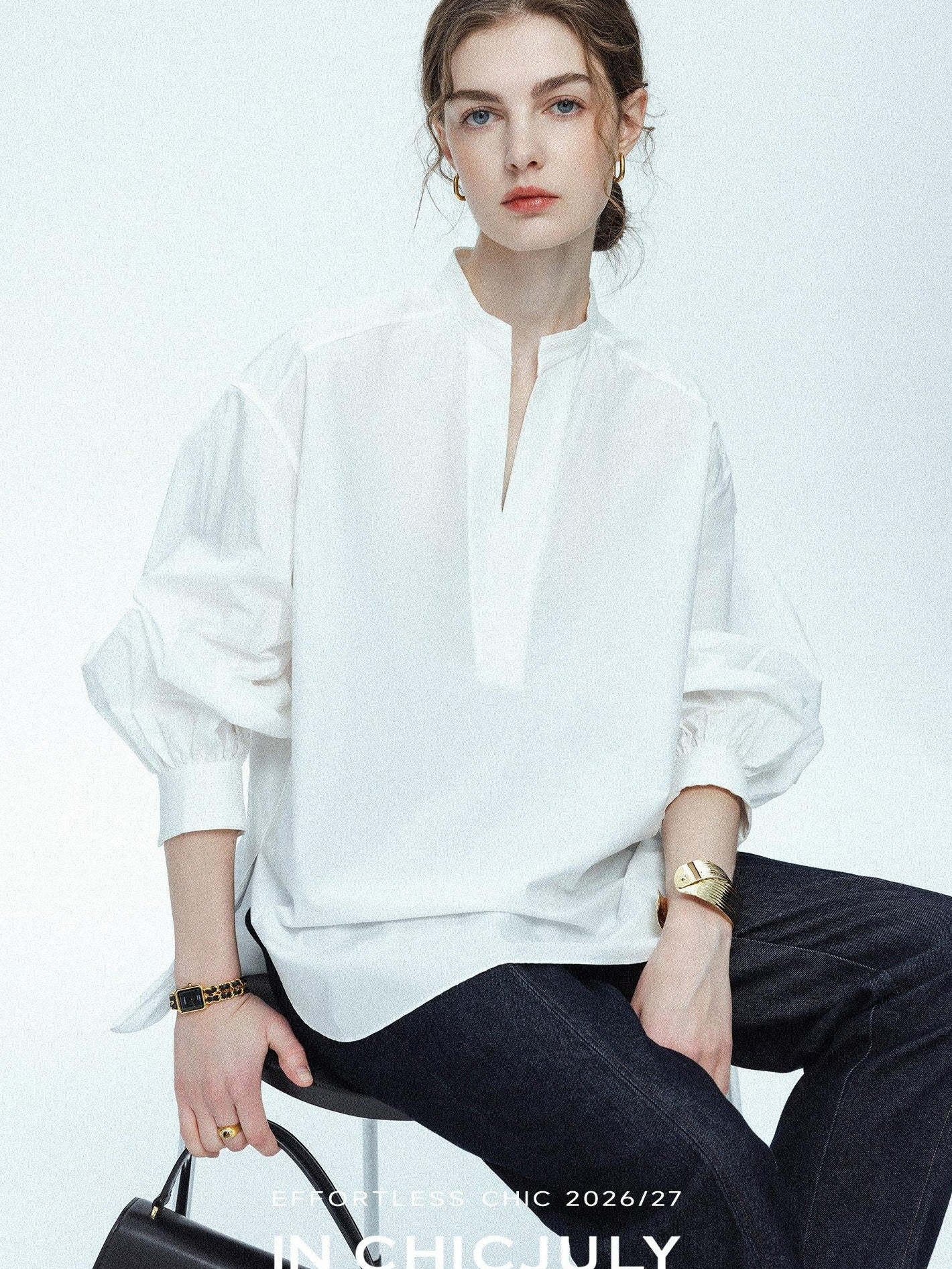 chicjuly Sleek V-neck Minimalist Workwear Women's Pure Cotton Loose Fit Shirts