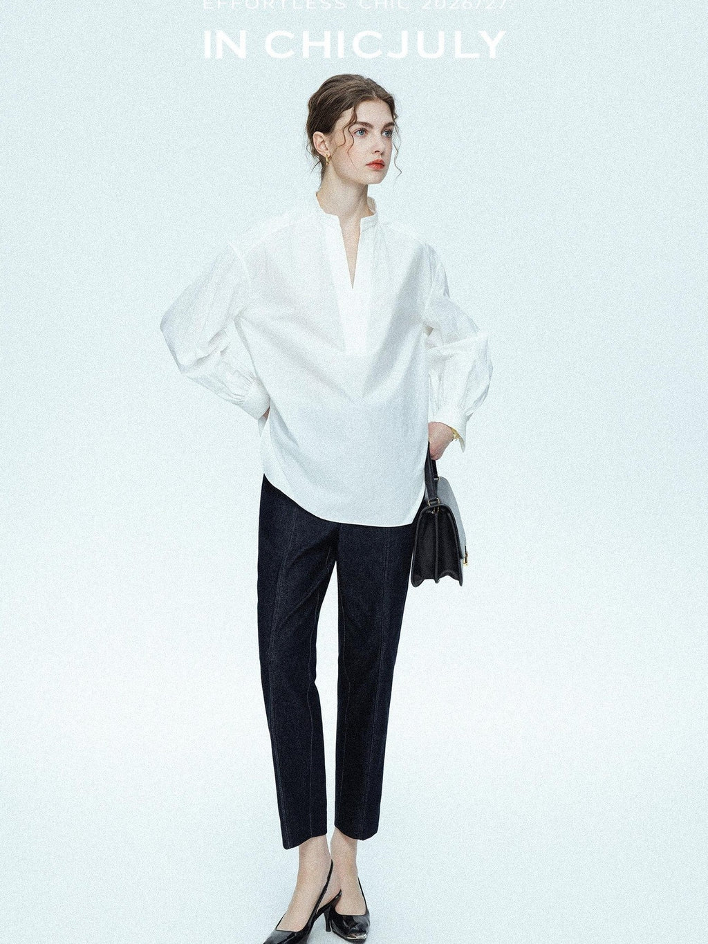 chicjuly Sleek V-neck Minimalist Workwear Women's Pure Cotton Loose Fit Shirts