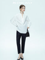 chicjuly Sleek V-neck Minimalist Workwear Women's Pure Cotton Loose Fit Shirts