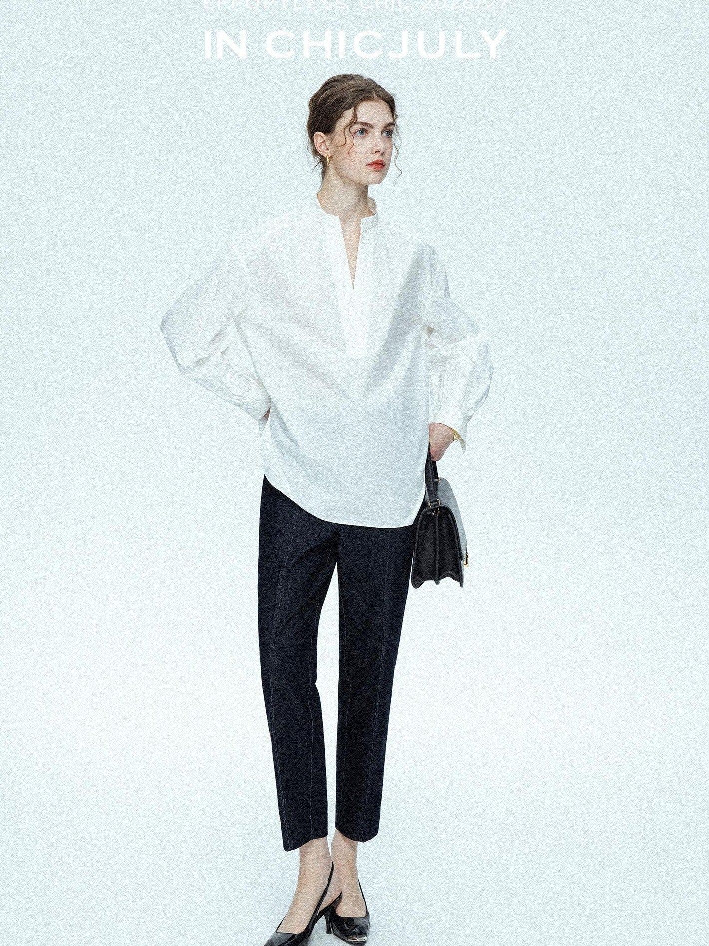 chicjuly Sleek V-neck Minimalist Workwear Women's Pure Cotton Loose Fit Shirts