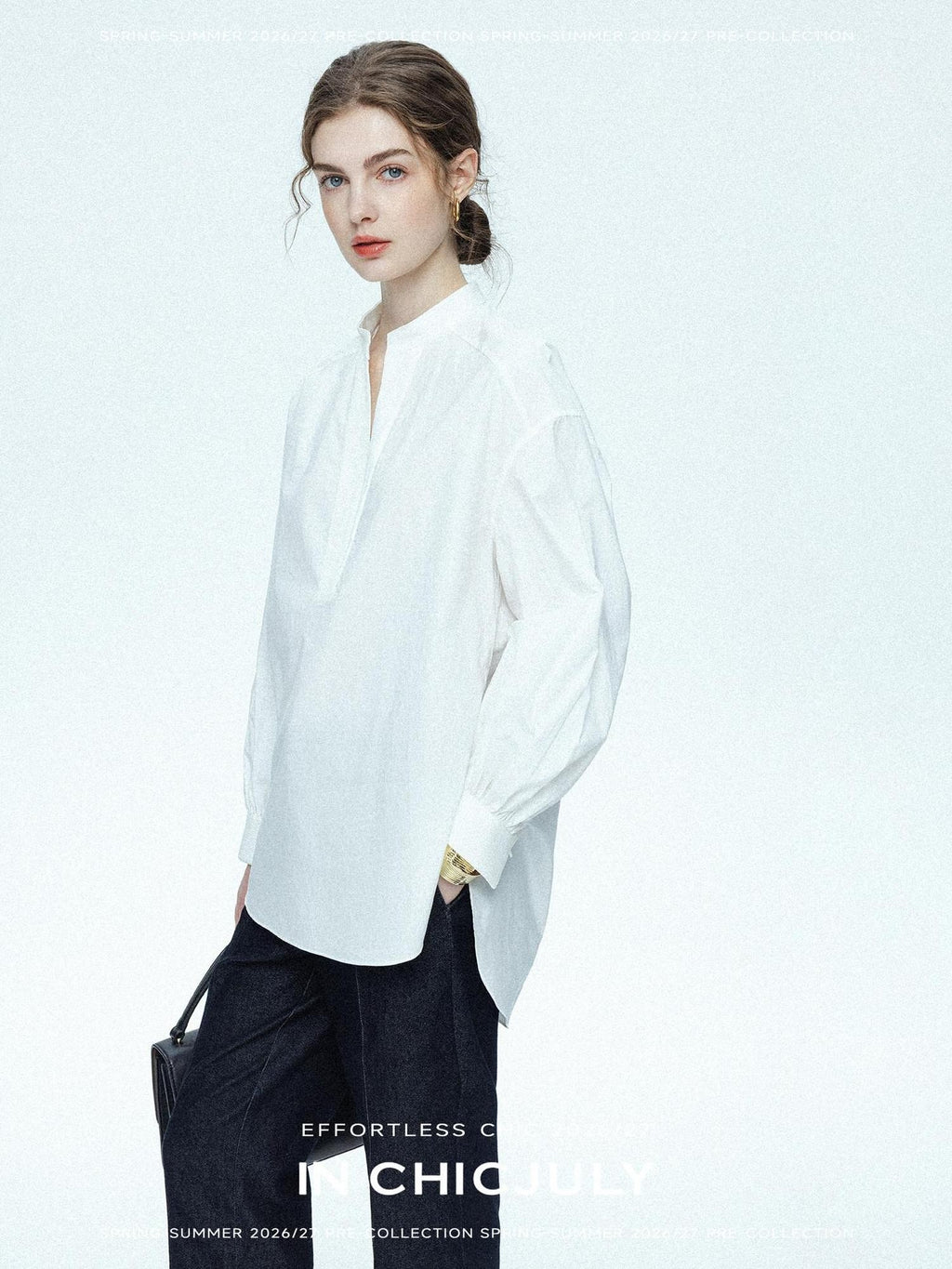 chicjuly Sleek V-neck Minimalist Workwear Women's Pure Cotton Loose Fit Shirts
