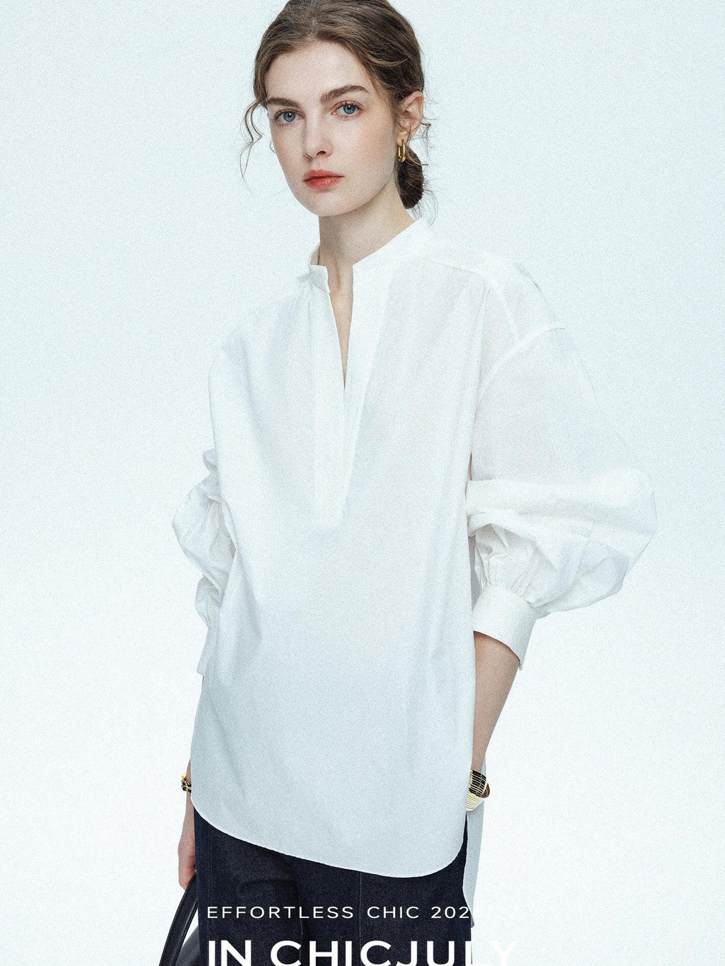 chicjuly Sleek V-neck Minimalist Workwear Women's Pure Cotton Loose Fit Shirts
