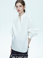 chicjuly Sleek V-neck Minimalist Workwear Women's Pure Cotton Loose Fit Shirts