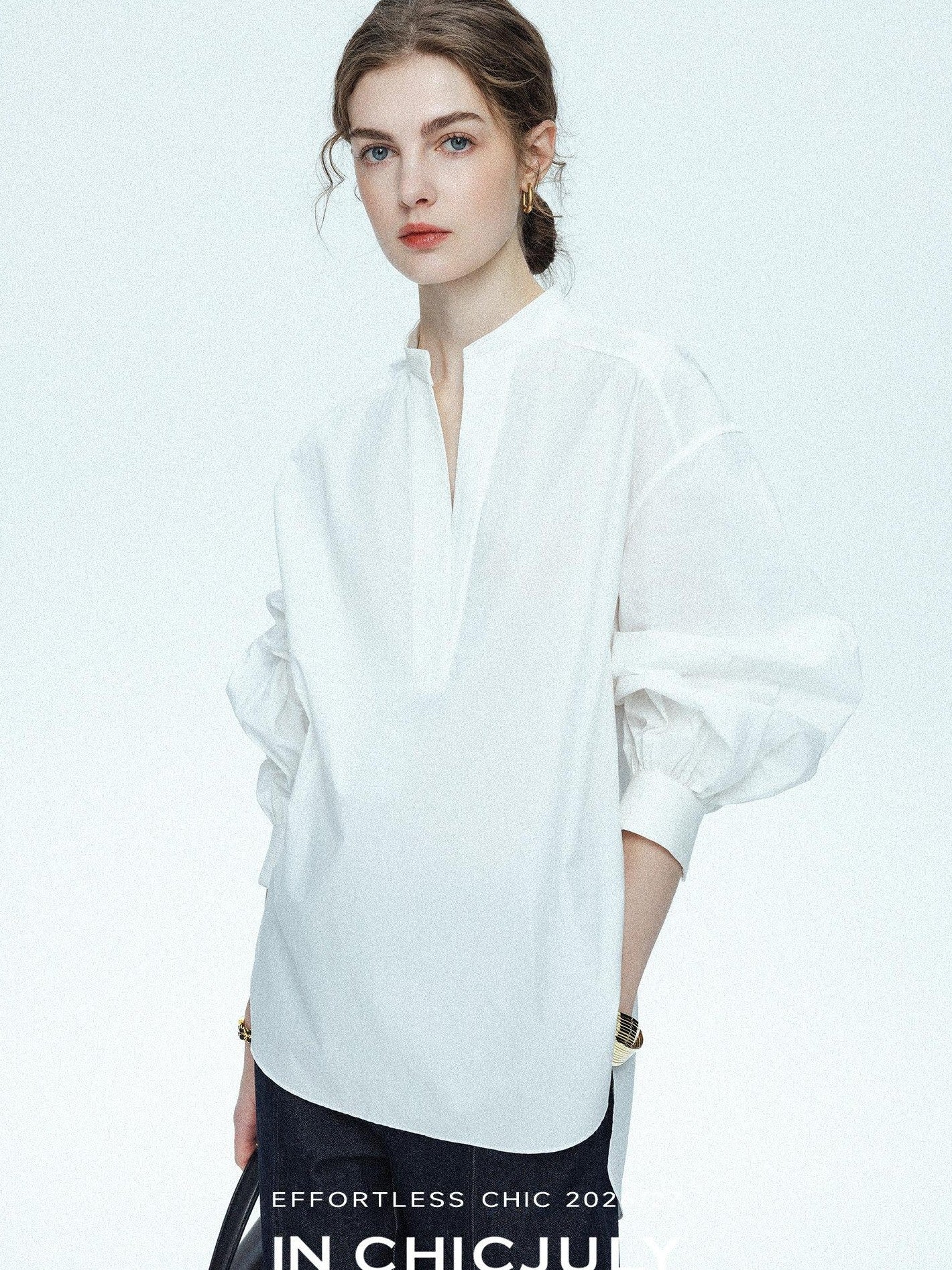 chicjuly Sleek V-neck Minimalist Workwear Women's Pure Cotton Loose Fit Shirts