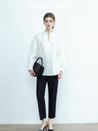 chicjuly Sleek V-neck Minimalist Workwear Women's Pure Cotton Loose Fit Shirts
