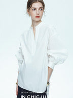 chicjuly Sleek V-neck Minimalist Workwear Women's Pure Cotton Loose Fit Shirts