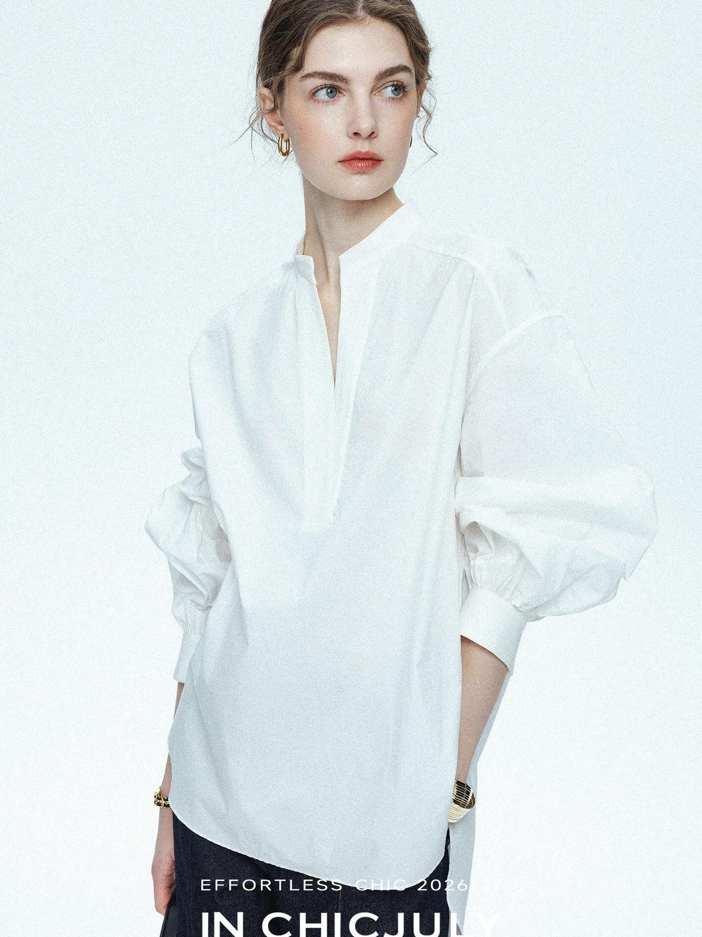chicjuly Sleek V-neck Minimalist Workwear Women's Pure Cotton Loose Fit Shirts