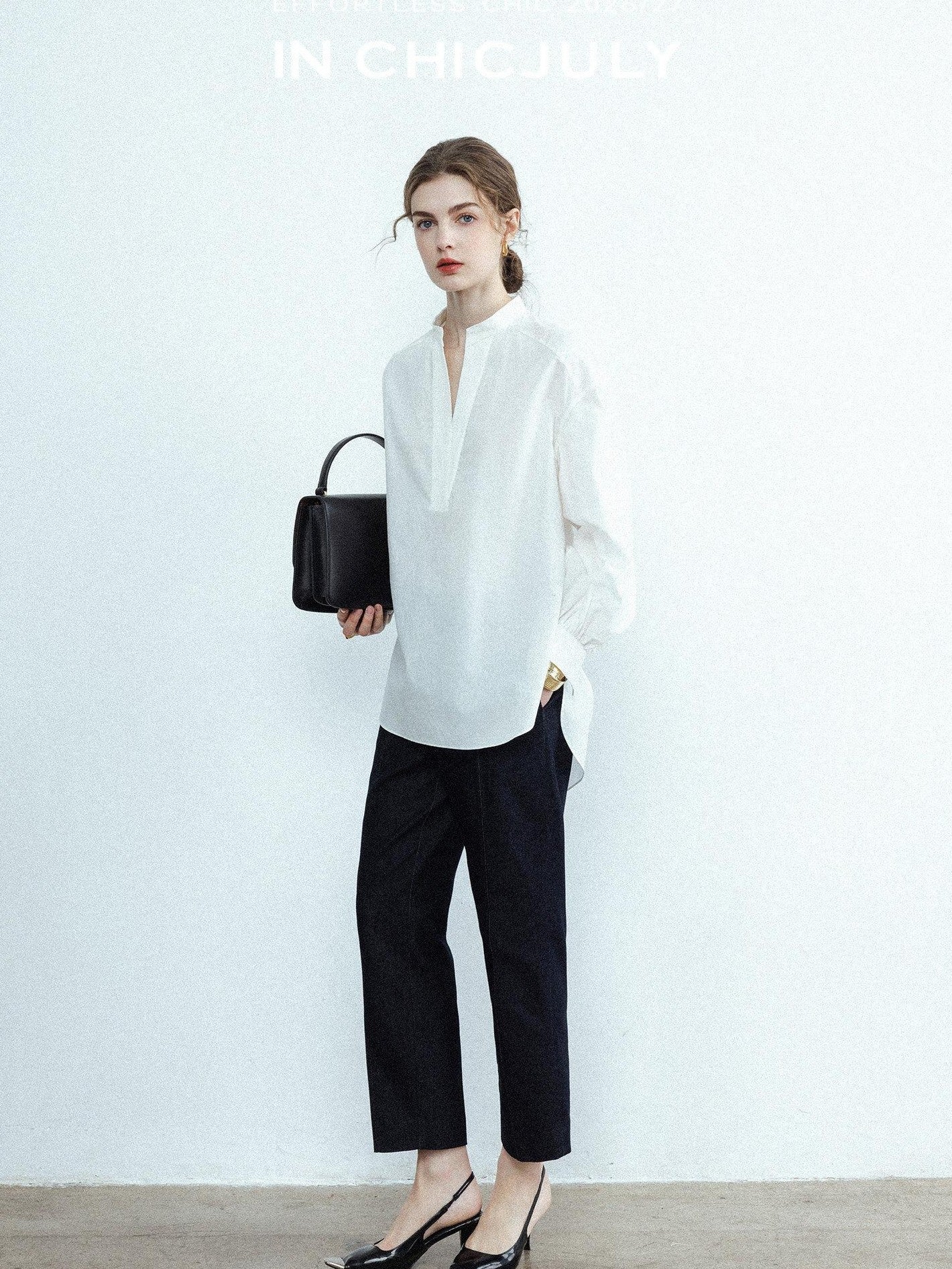 chicjuly Sleek V-neck Minimalist Workwear Women's Pure Cotton Loose Fit Shirts