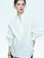 chicjuly Sleek V-neck Minimalist Workwear Women's Pure Cotton Loose Fit Shirts
