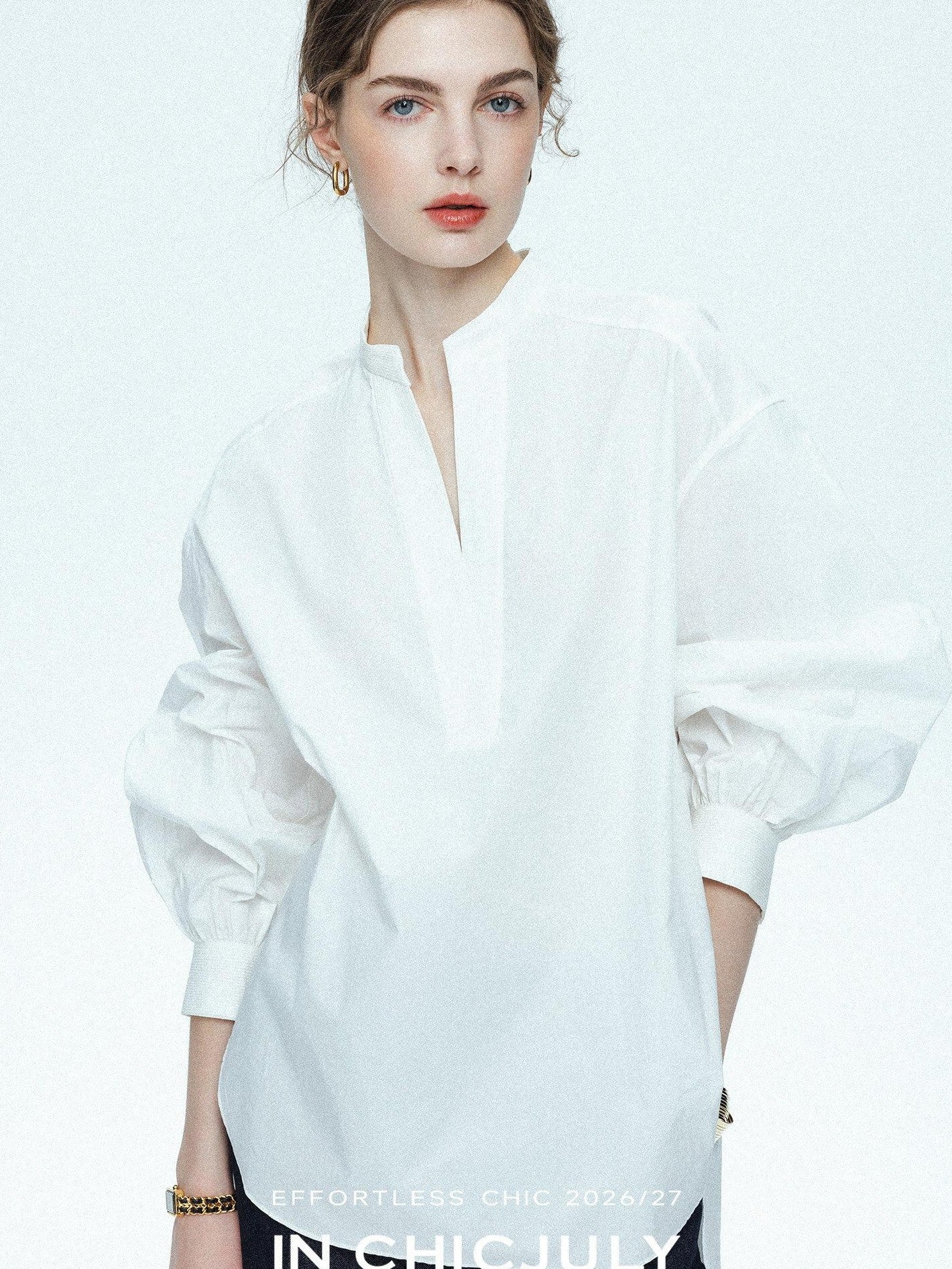 chicjuly Sleek V-neck Minimalist Workwear Women's Pure Cotton Loose Fit Shirts