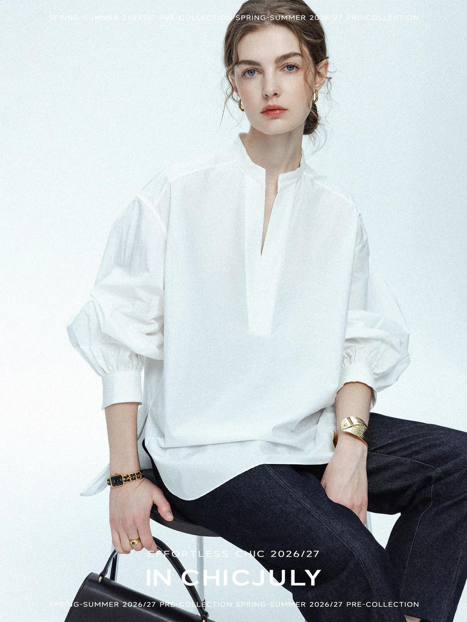 chicjuly Sleek V-neck Minimalist Workwear Women's Pure Cotton Loose Fit Shirts