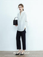 chicjuly Sleek V-neck Minimalist Workwear Women's Pure Cotton Loose Fit Shirts