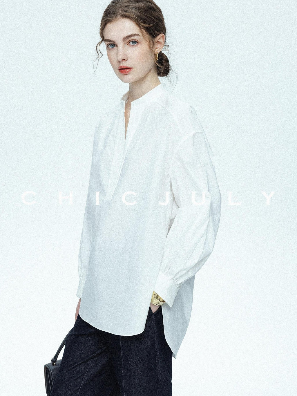 chicjuly Sleek V-neck Minimalist Workwear Women's Pure Cotton Loose Fit Shirts
