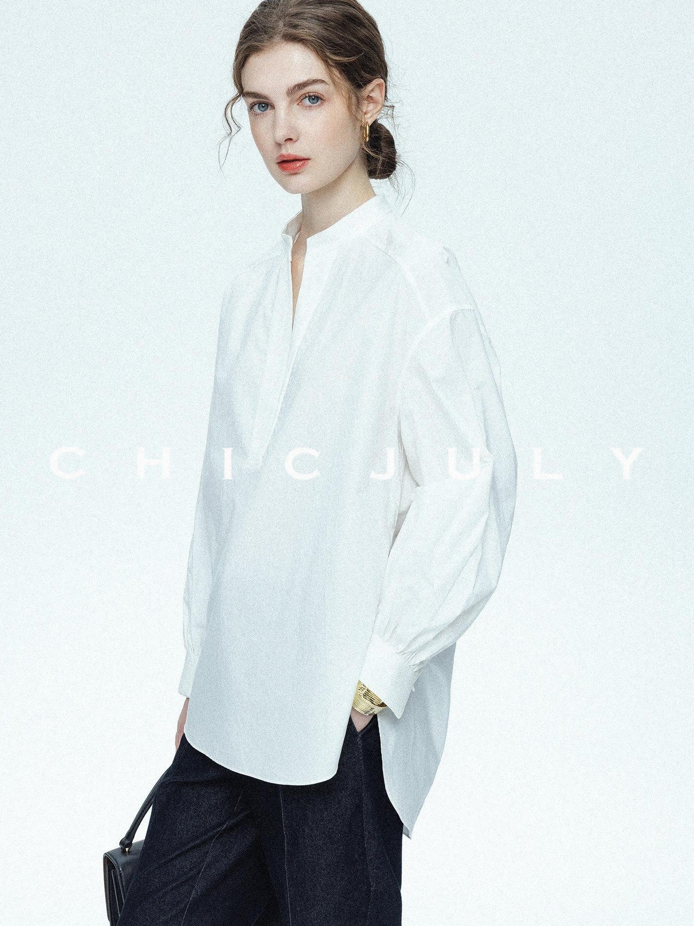 chicjuly Sleek V-neck Minimalist Workwear Women's Pure Cotton Loose Fit Shirts