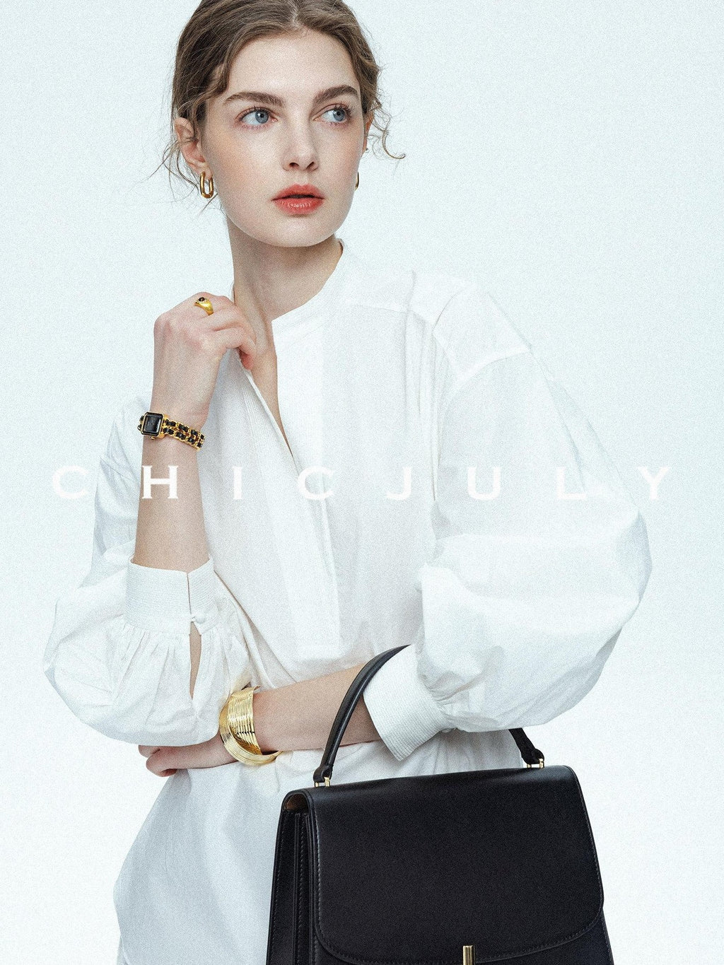 chicjuly Sleek V-neck Minimalist Workwear Women's Pure Cotton Loose Fit Shirts