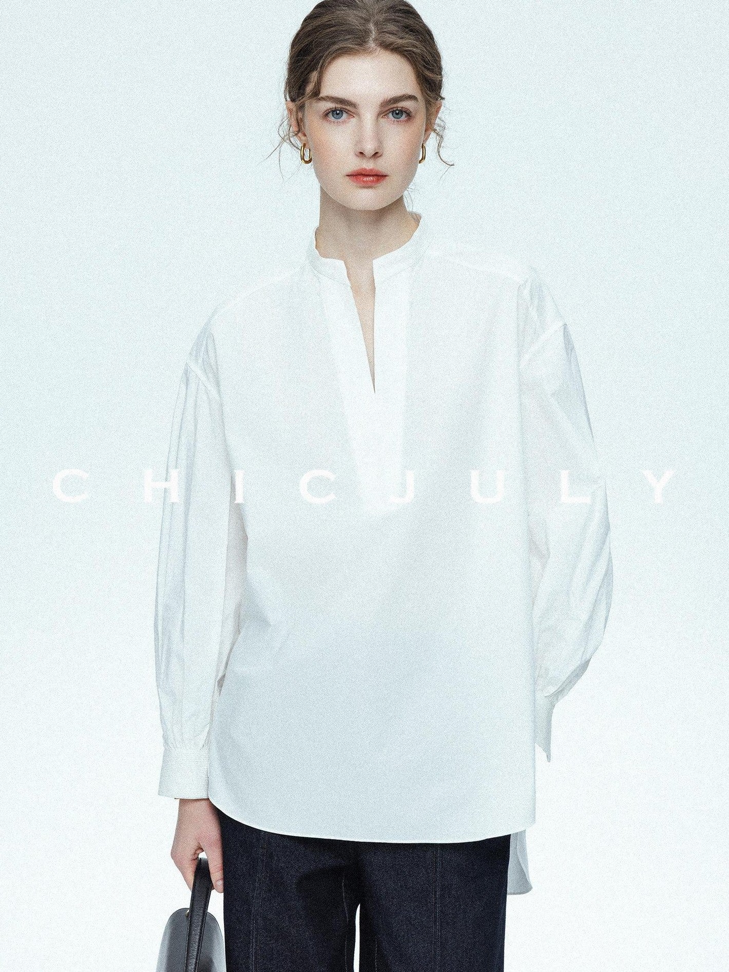 chicjuly Sleek V-neck Minimalist Workwear Women's Pure Cotton Loose Fit Shirts
