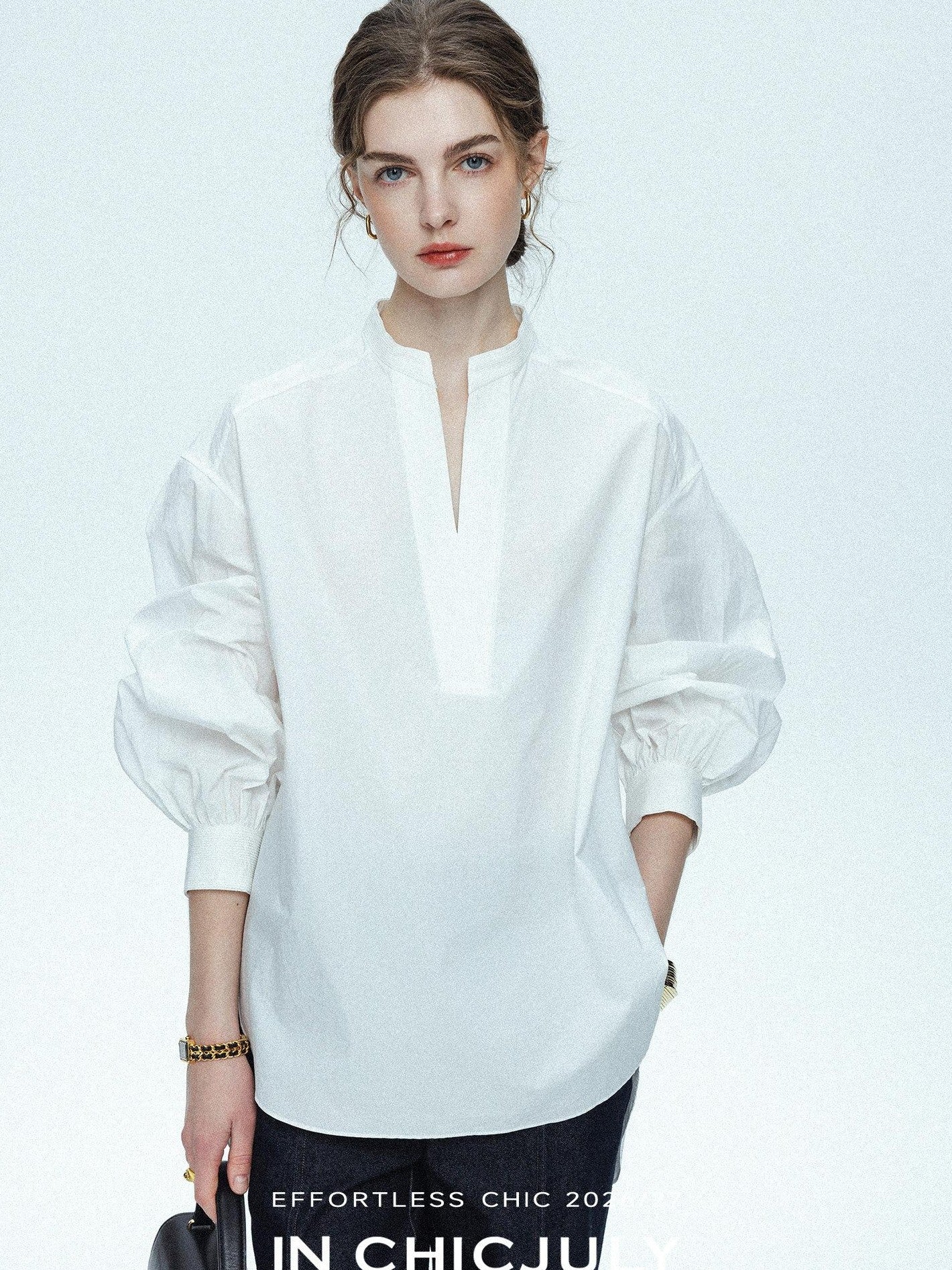 chicjuly Sleek V-neck Minimalist Workwear Women's Pure Cotton Loose Fit Shirts