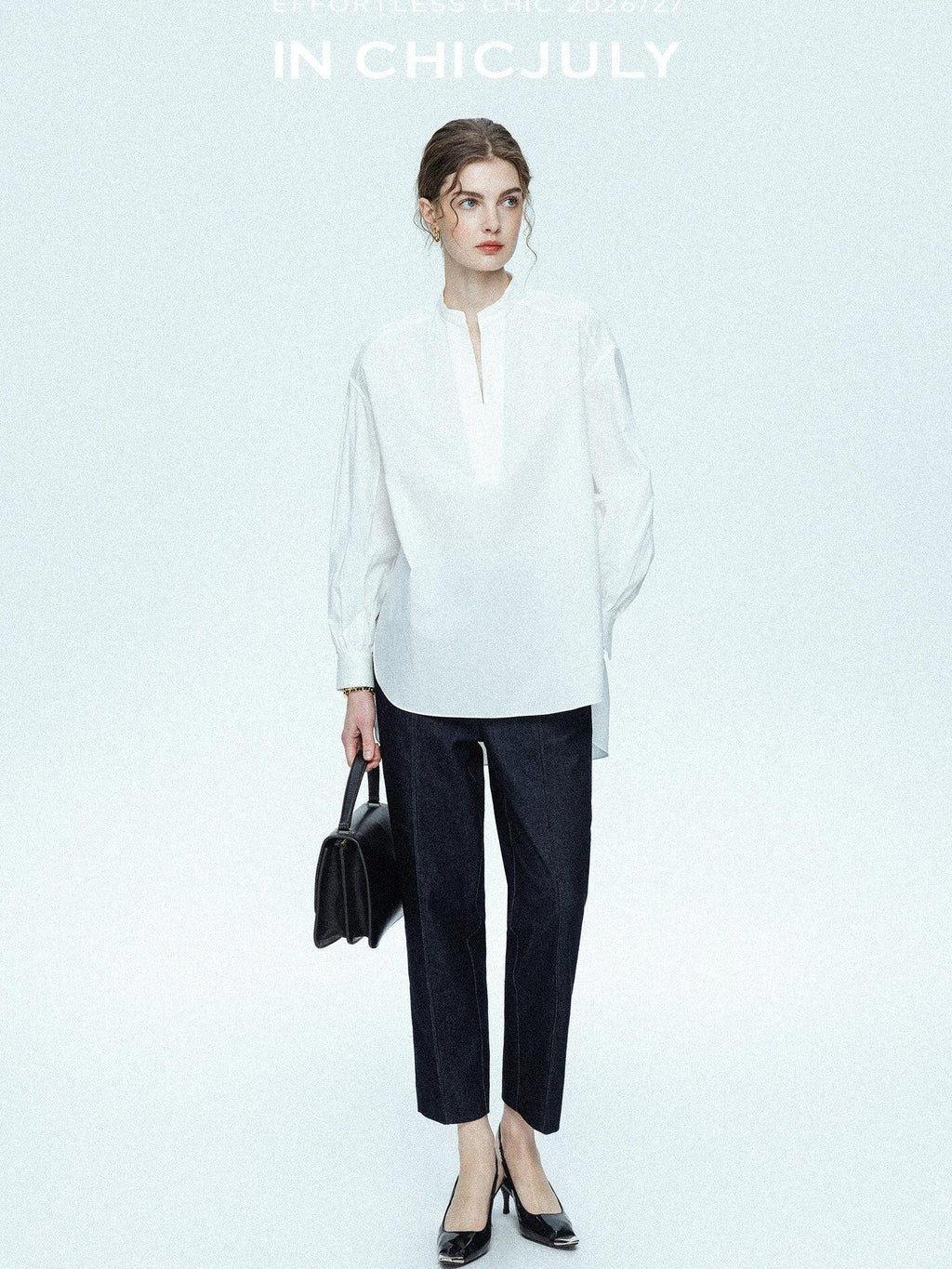 chicjuly Sleek V-neck Minimalist Workwear Women's Pure Cotton Loose Fit Shirts