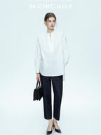 chicjuly Sleek V-neck Minimalist Workwear Women's Pure Cotton Loose Fit Shirts
