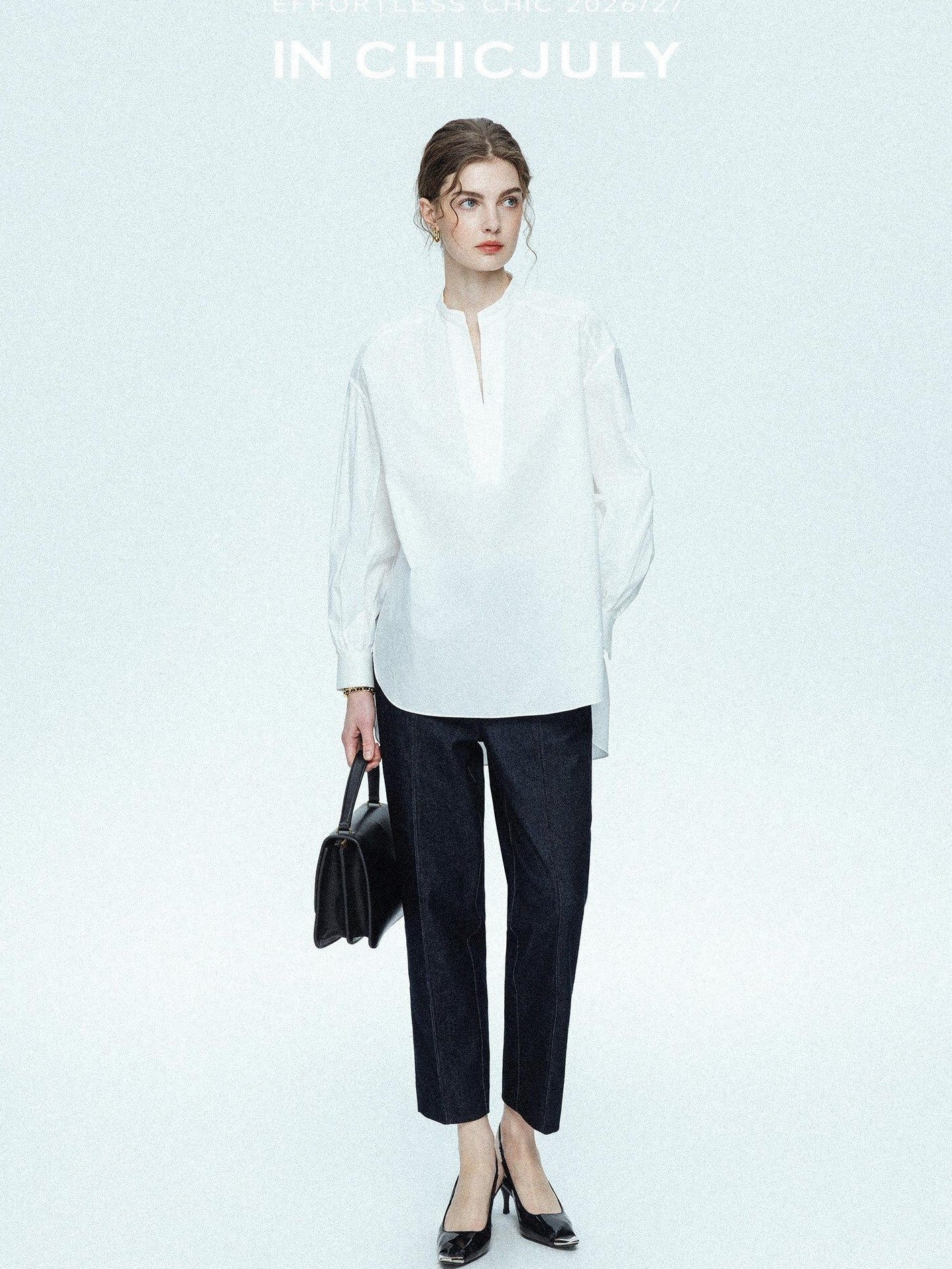chicjuly Sleek V-neck Minimalist Workwear Women's Pure Cotton Loose Fit Shirts