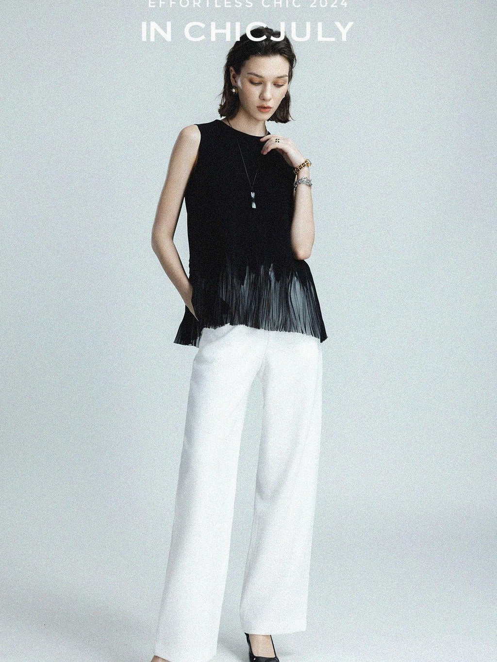 chicjuly Sleeveless Round Neck Loose Minimalist Women's Acetate Chiffon Blouses