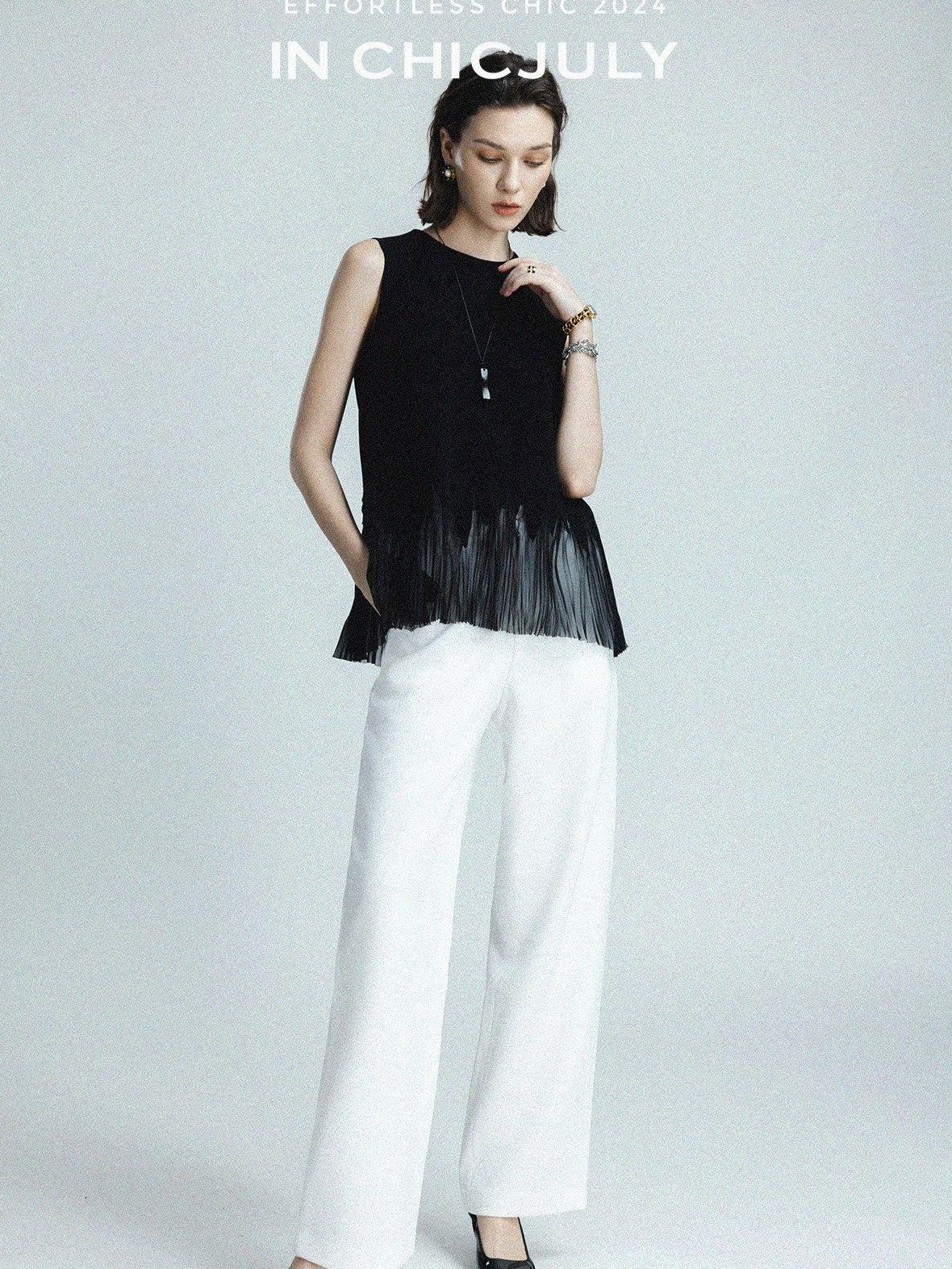 chicjuly Sleeveless Round Neck Loose Minimalist Women's Acetate Chiffon Blouses
