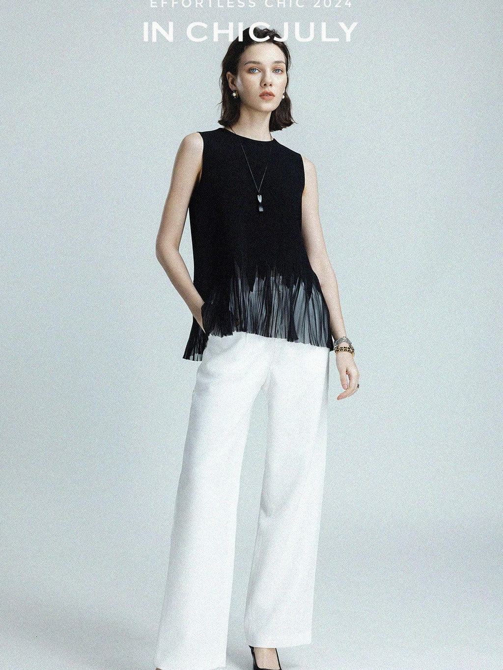 chicjuly Sleeveless Round Neck Loose Minimalist Women's Acetate Chiffon Blouses