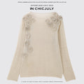chicjuly Soft Mist Layered Bud Embroidery Women's Wool Linen Long Sleeve T-shirts 963799817591