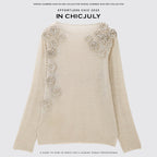 chicjuly Soft Mist Layered Bud Embroidery Women's Wool Linen Long Sleeve T-shirts 963799817591