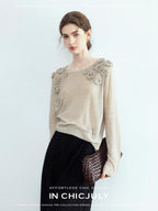 chicjuly Soft Mist Layered Bud Embroidery Women's Wool Linen Long Sleeve T-shirts