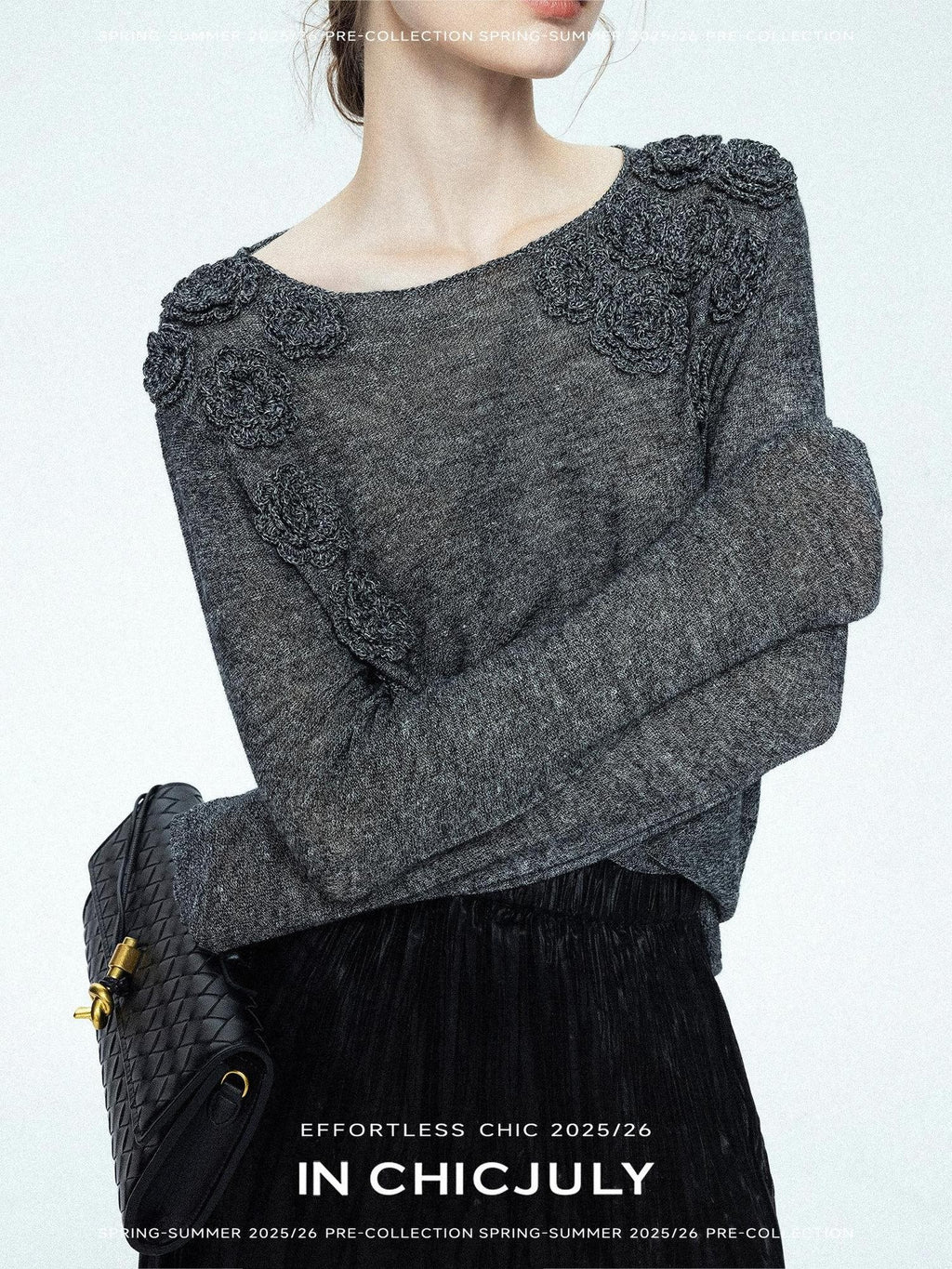 chicjuly Soft Mist Layered Bud Embroidery Women's Wool Linen Long Sleeve T-shirts