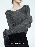 chicjuly Soft Mist Layered Bud Embroidery Women's Wool Linen Long Sleeve T-shirts