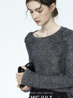 chicjuly Soft Mist Layered Bud Embroidery Women's Wool Linen Long Sleeve T-shirts