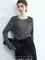 chicjuly Soft Mist Layered Bud Embroidery Women's Wool Linen Long Sleeve T-shirts