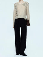chicjuly Soft Mist Layered Bud Embroidery Women's Wool Linen Long Sleeve T-shirts