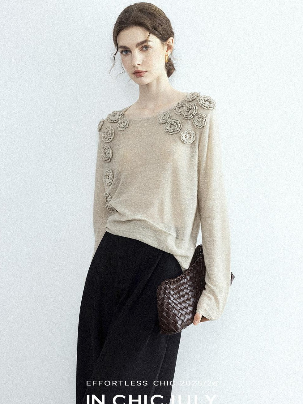 chicjuly Soft Mist Layered Bud Embroidery Women's Wool Linen Long Sleeve T-shirts