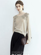 chicjuly Soft Mist Layered Bud Embroidery Women's Wool Linen Long Sleeve T-shirts