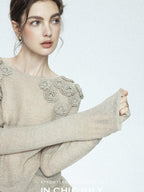 chicjuly Soft Mist Layered Bud Embroidery Women's Wool Linen Long Sleeve T-shirts